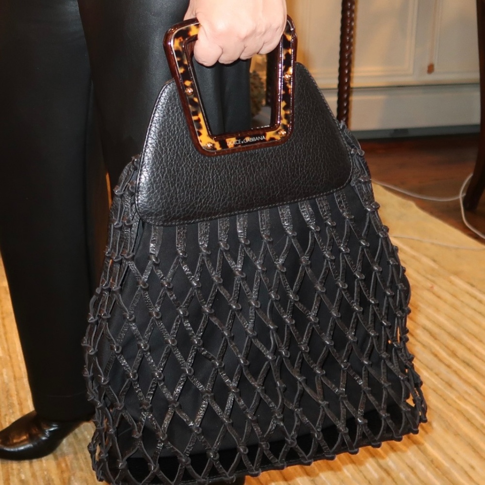 Dolce & Gabbana Woven Tortoise Wood Handle Tote